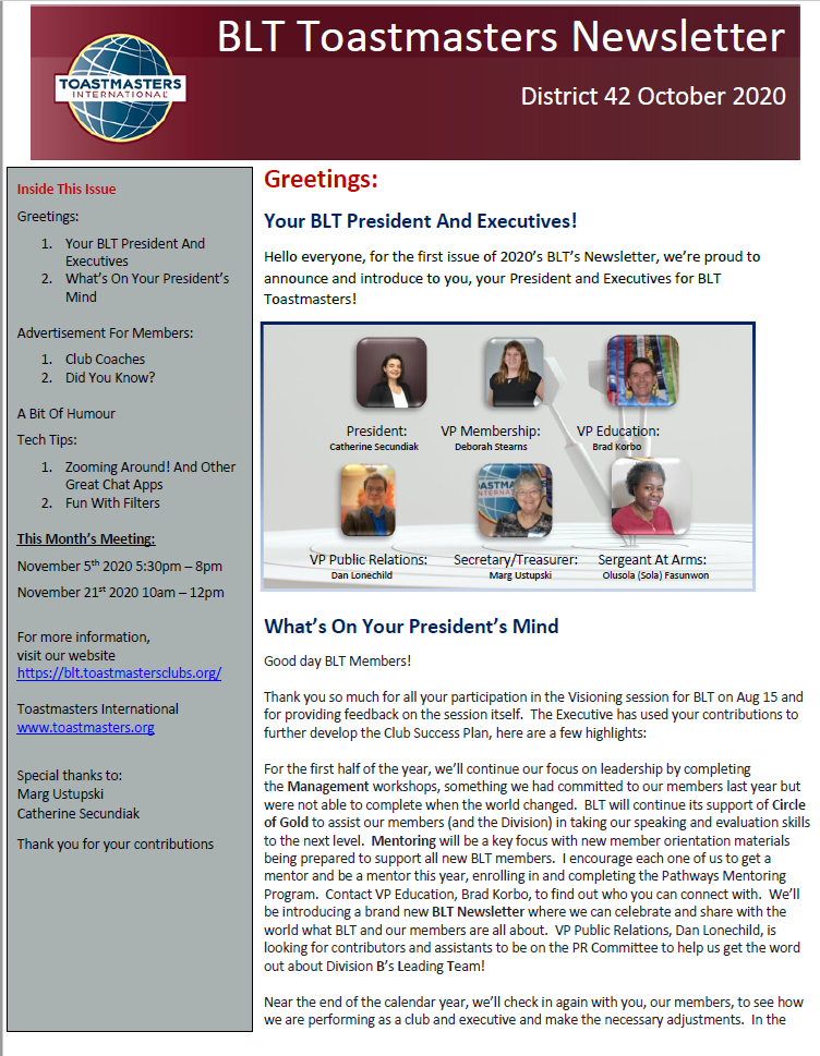 BLT Newsletter October 2020