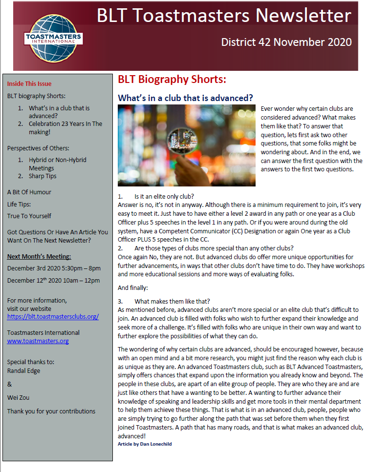 BLT Newsletter Nov. 2020